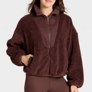 Nwt All In Motion Brown Sherpa High Pile And Ribbed Mixed Zip Up Jacket